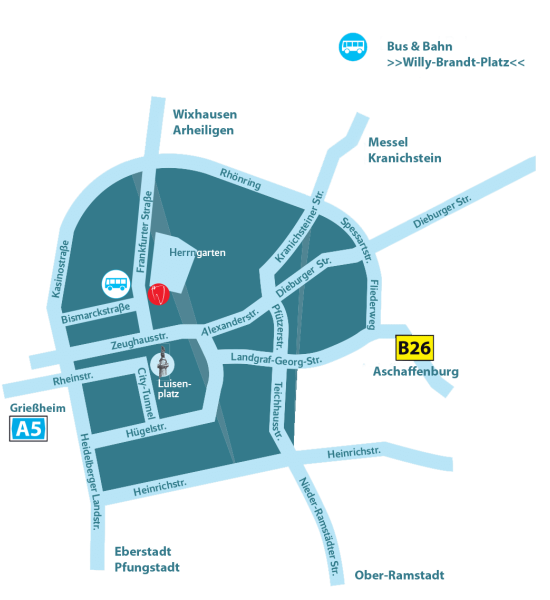 Anfahrt Zahnarztpraxis Zahnärzte Jahn & Kollegen Darmstadt direkt am Herrngarten, Bushaltestelle Willy-Brandt-Platz